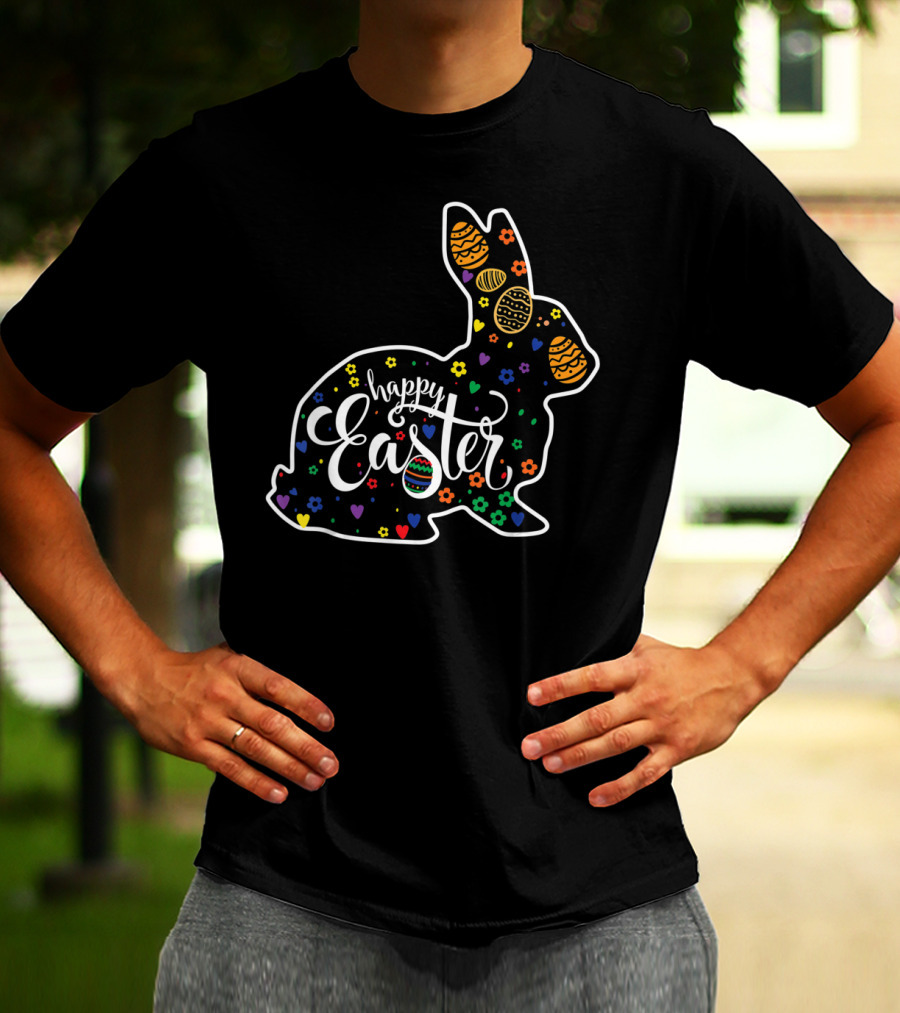 Happy Easter Colorful Bunny With Eggs And Flowers T-Shirt