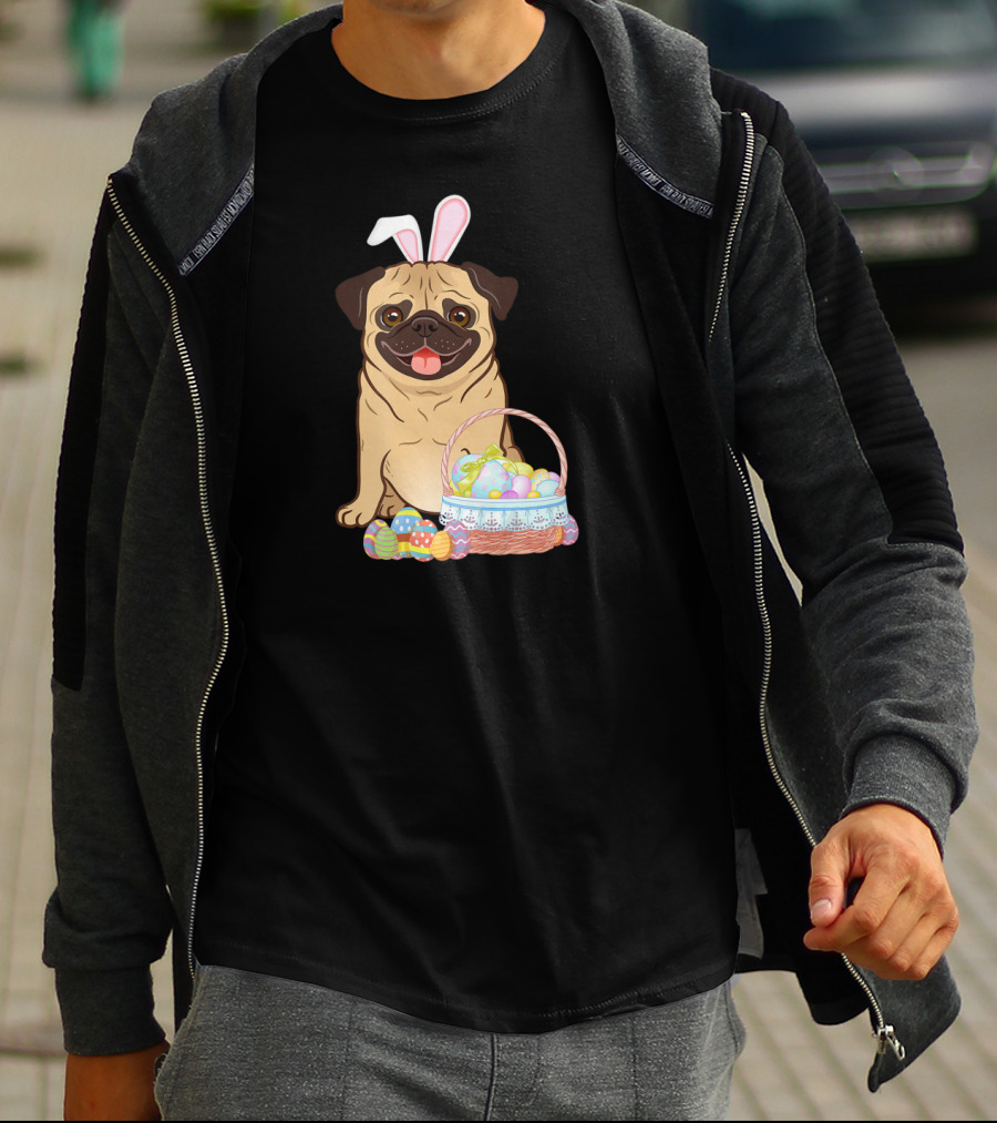 Pug Wearing Bunny Ears With Easter Egg Basket T-Shirt