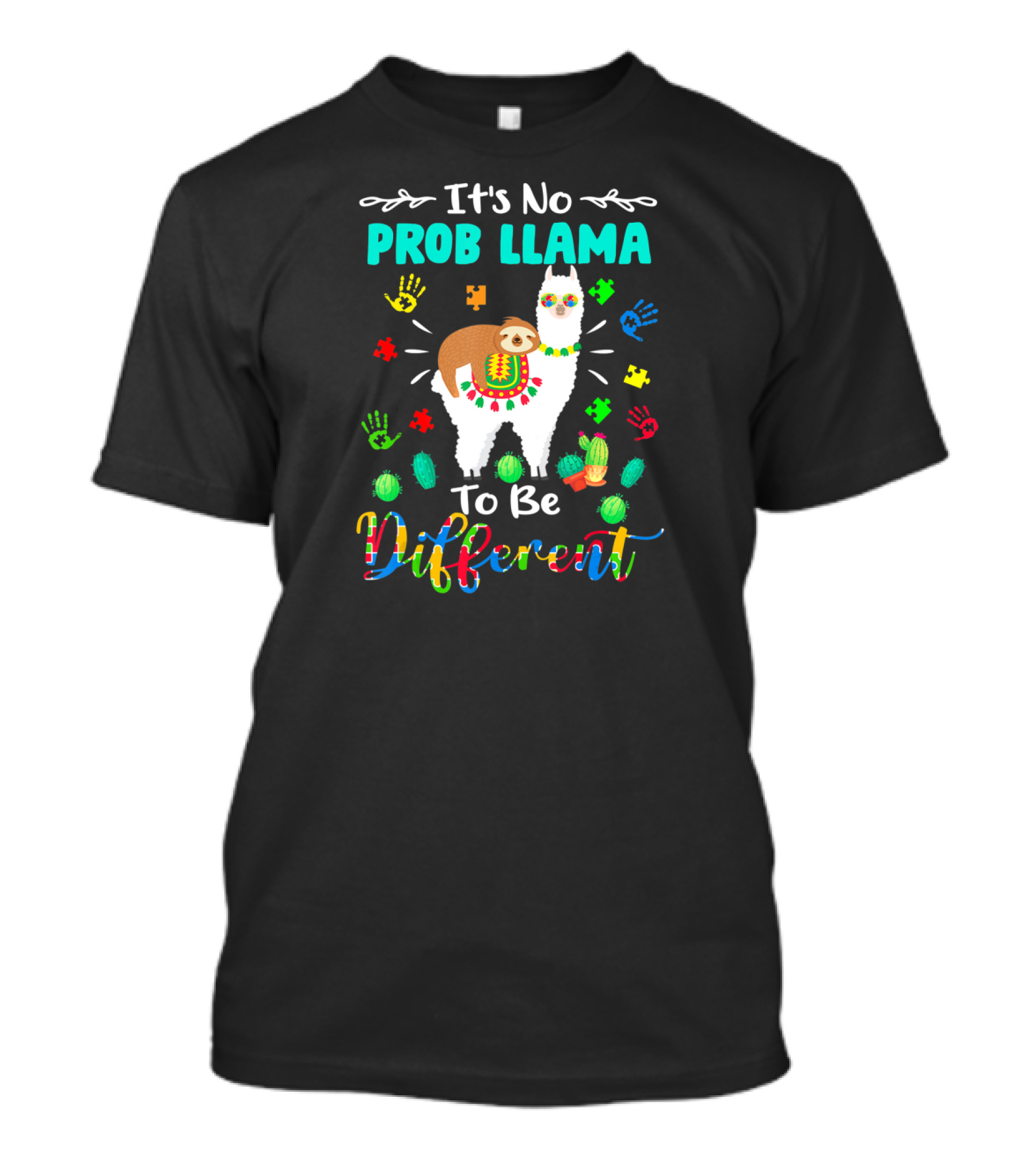 It's No Prob Llama To Be Different Autism Sloth Colorful Puzzle Hands Cactus T-Shirt