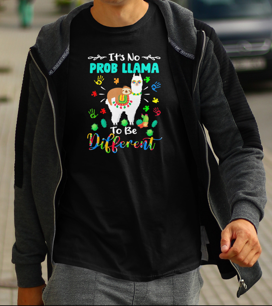 It's No Prob Llama To Be Different Autism Sloth Colorful Puzzle Hands Cactus T-Shirt