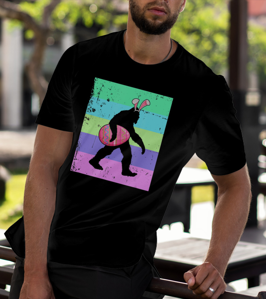Retro Bigfoot Easter Bunny With Egg Rainbow Stripes T-Shirt