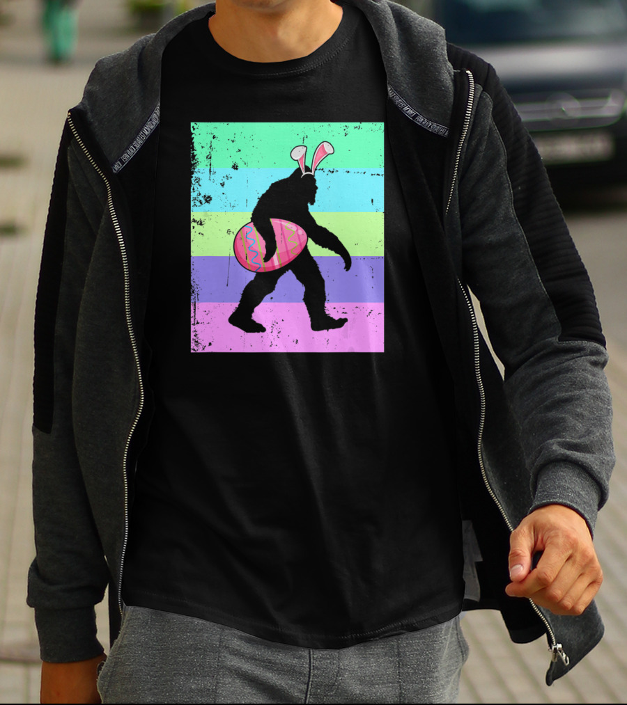 Retro Bigfoot Easter Bunny With Egg Rainbow Stripes T-Shirt