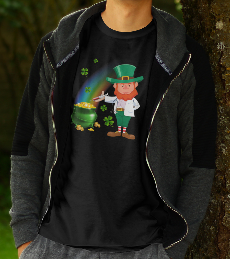 Leprechaun With Stethoscope And Syringe By Pot Of Gold And Rainbow T-Shirt