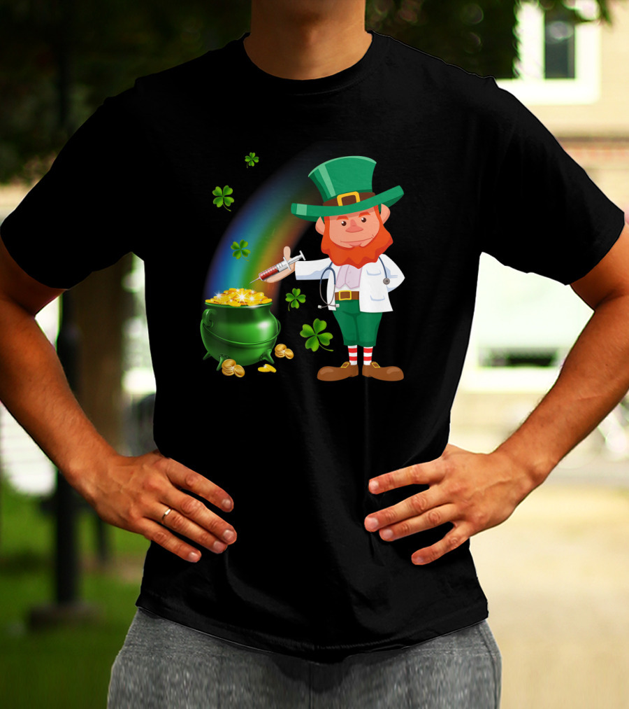 Leprechaun With Stethoscope And Syringe By Pot Of Gold And Rainbow T-Shirt