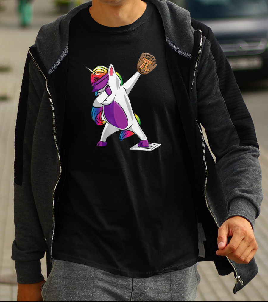 Pi Day Baseball Dabbing Unicorn Rainbow Glove T-Shirt