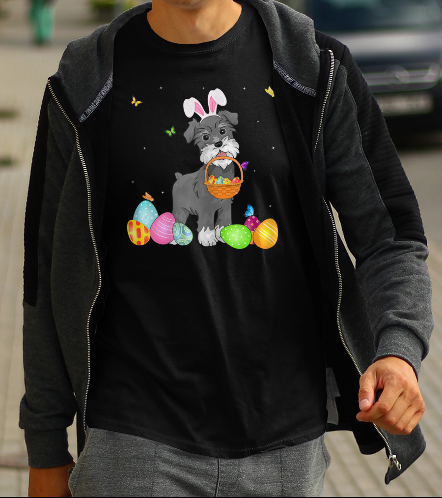 Bunny Schnauzer With Basket And Eggs Easter Day T-Shirt