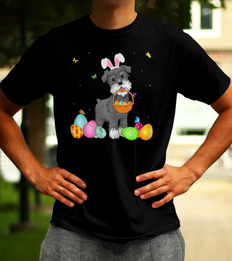 Bunny Schnauzer With Basket And Eggs Easter Day T-Shirt