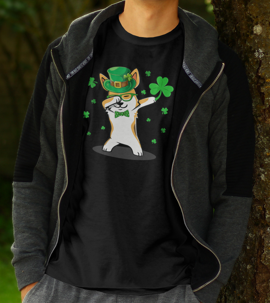 Dabbing Corgi With Shamrocks And Leprechaun Hat For St. Patrick's Day T-Shirt