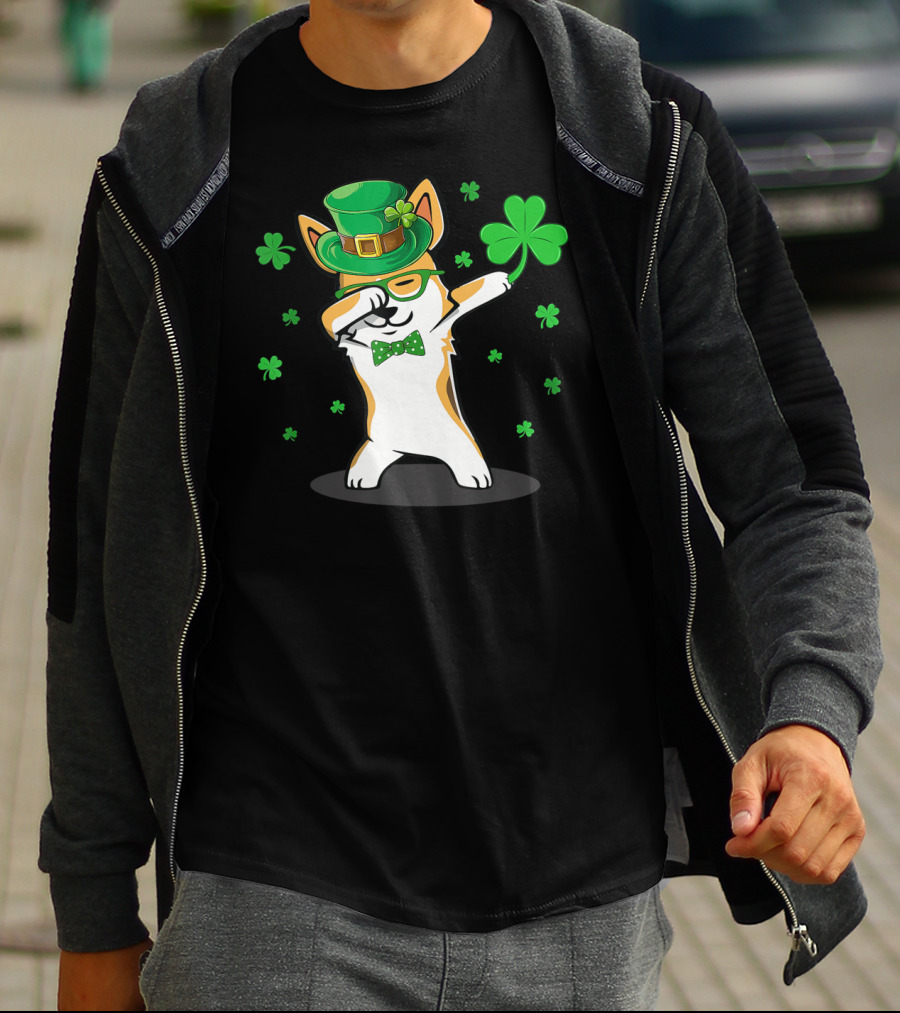 Dabbing Corgi With Shamrocks And Leprechaun Hat For St. Patrick's Day T-Shirt
