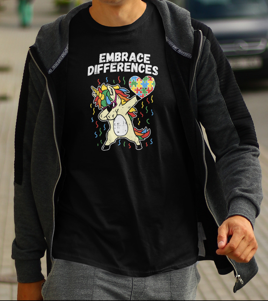 Embrace Differences Dabbing Unicorn Puzzle Heart Autism T-Shirt
