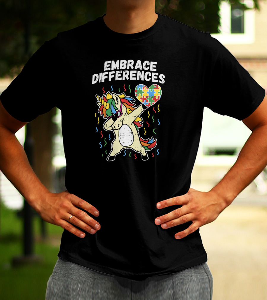 Embrace Differences Dabbing Unicorn Puzzle Heart Autism T-Shirt