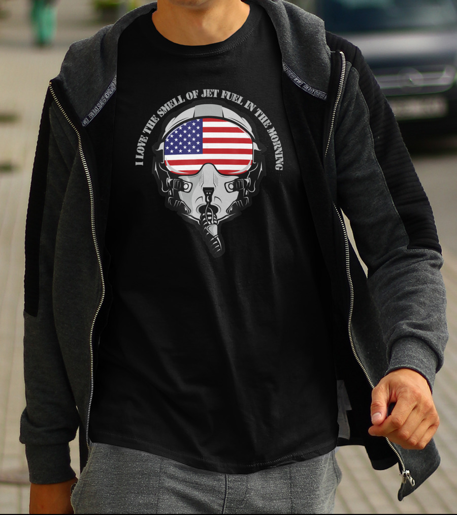 I Love The Smell Of Jet Fuel In The Morning Pilot Mask With American Flag Visor T-Shirt