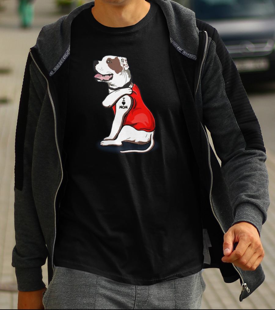 American Bulldog Wearing I Love Mom Tattoo Paw Sleeve T-Shirt