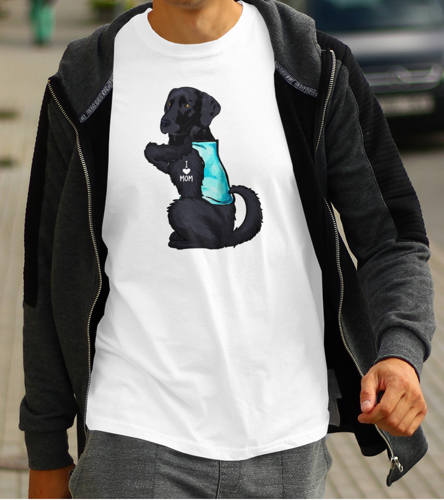 Black Labrador Dog With I Love Mom Heart Tattoo T-Shirt