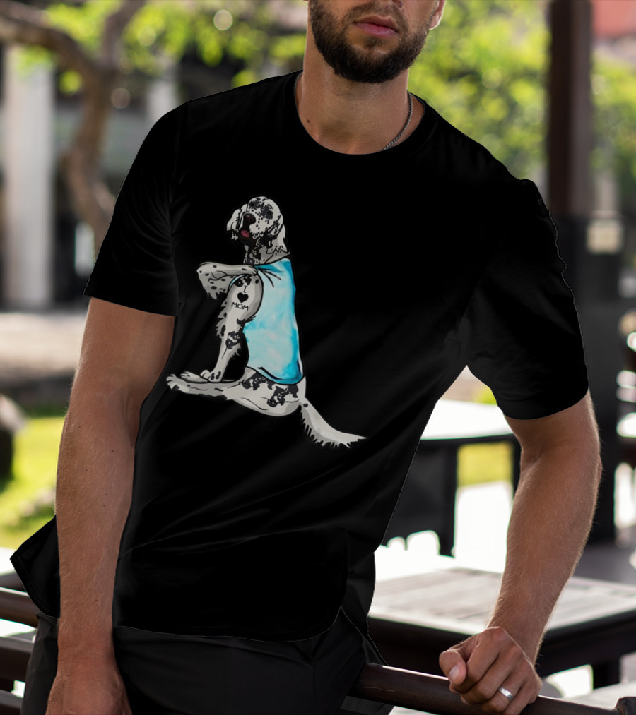 English Setter With I Love Mom Tattoo And Blue Bandana T-Shirt