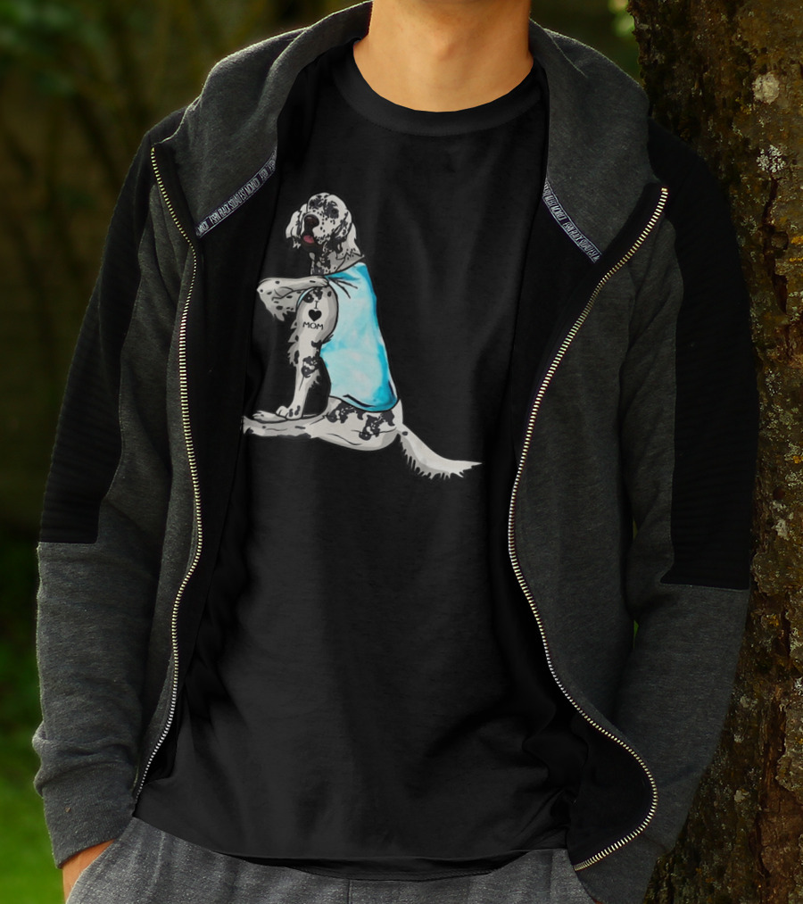 English Setter With I Love Mom Tattoo And Blue Bandana T-Shirt