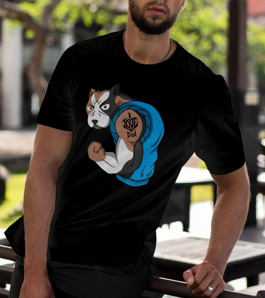 Funny Pit Bull Dog I Love Dad Tattoo Flexing Arm T-Shirt