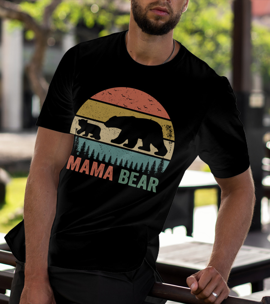 Mama Bear With Baby Cub Retro Sunset Silhouette Nature Scene T-Shirt