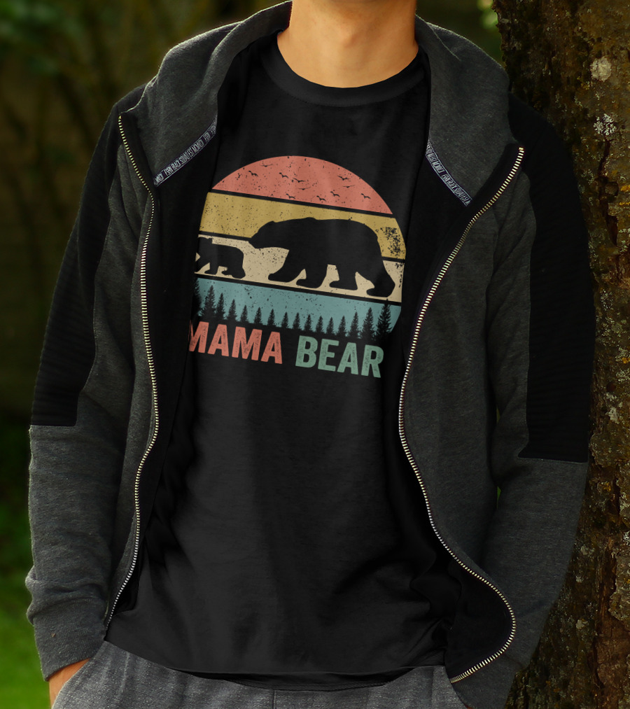 Mama Bear With Baby Cub Retro Sunset Silhouette Nature Scene T-Shirt