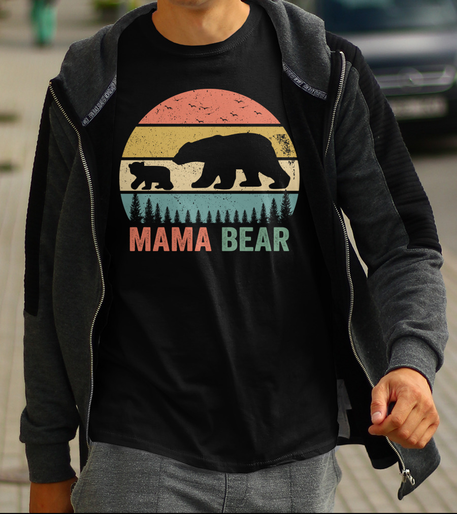Mama Bear With Baby Cub Retro Sunset Silhouette Nature Scene T-Shirt