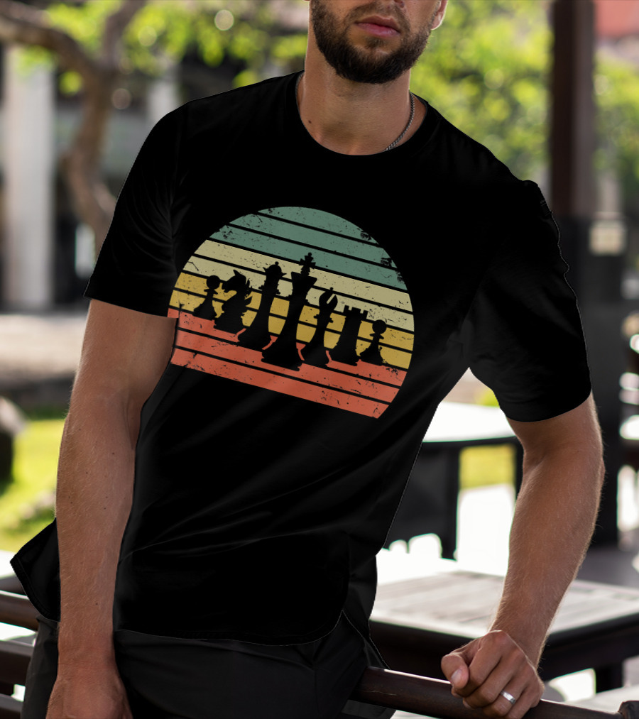 Chess Pieces Retro Sunset Stripes T-Shirt