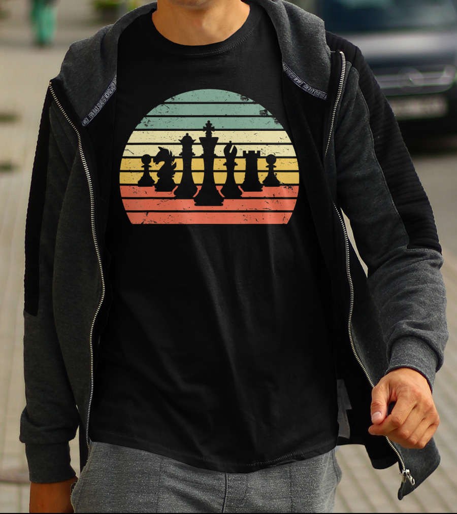 Chess Pieces Retro Sunset Stripes T-Shirt