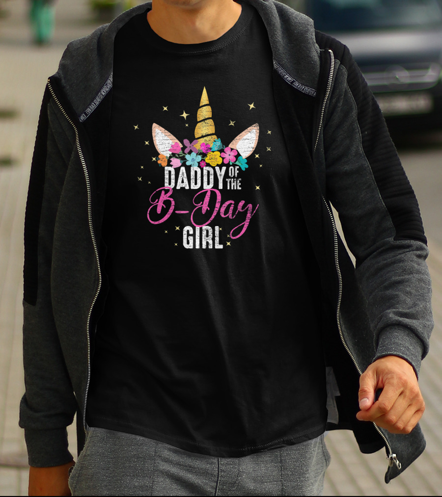 Daddy Of The B-Day Girl Unicorn Floral Ears Stars T-Shirt