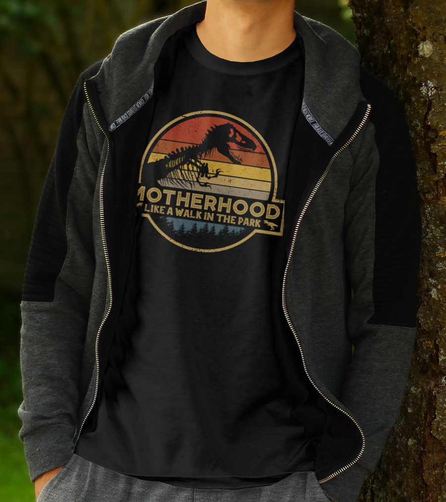Motherhood Like A Walk In The Park Dinosaur Silhouette Retro T-Shirt