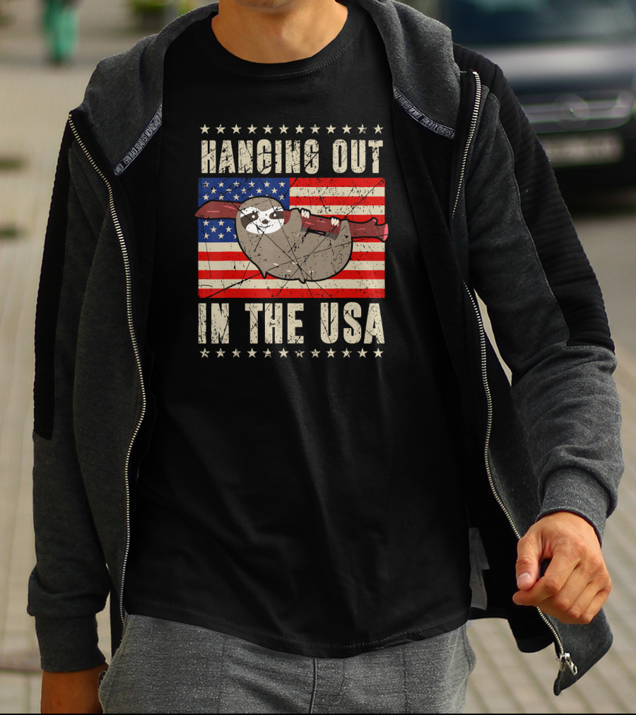 Sloth Hanging Out In The USA America Flag T-Shirt