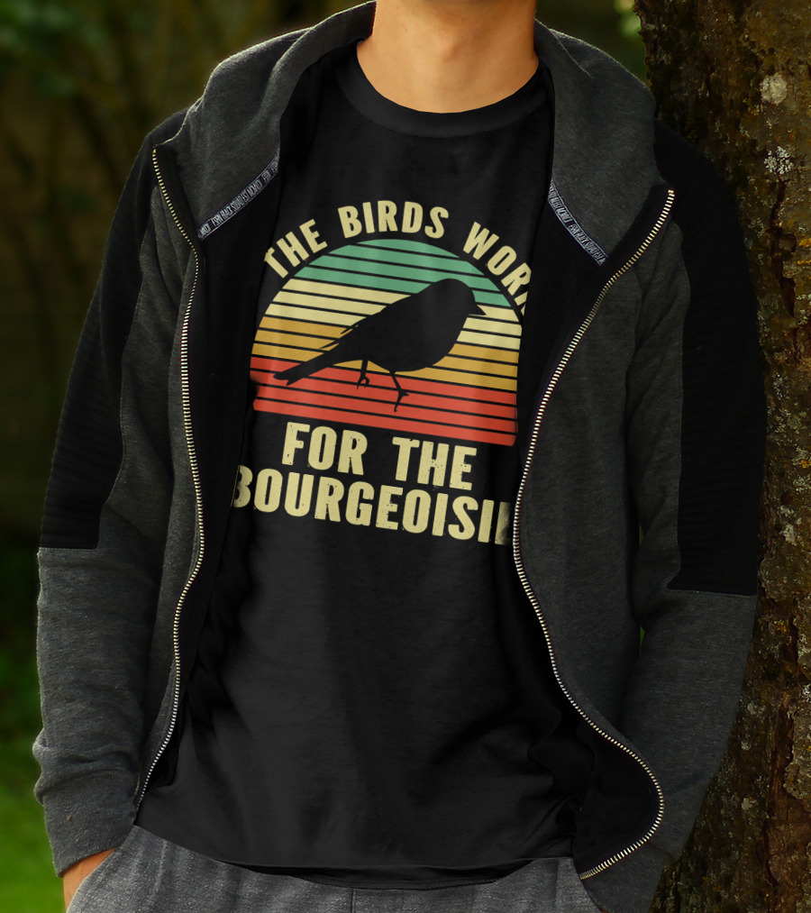 The Birds Work For The Bourgeoisie Retro Silhouette Bird Sunset Stripe T-Shirt
