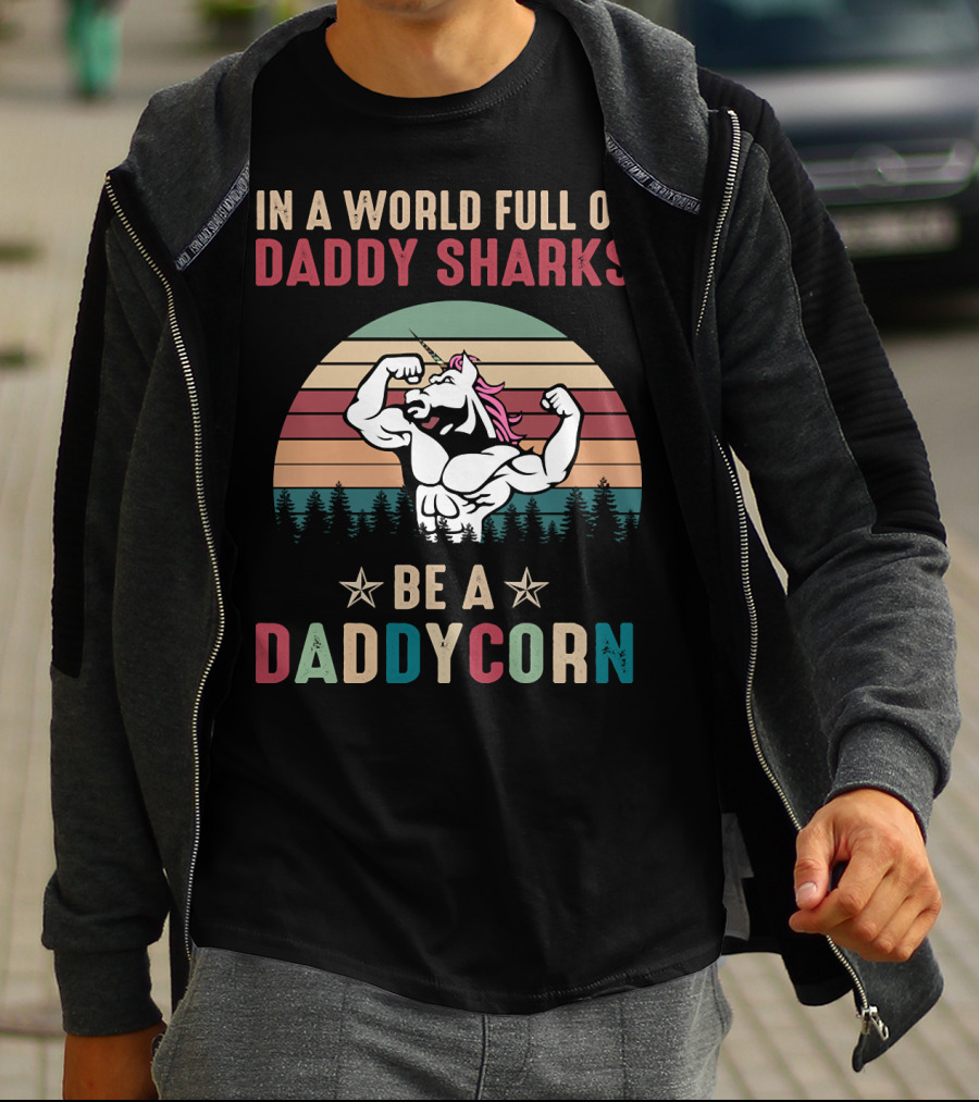 In A World Full Of Daddy Sharks Be A Daddycorn With Flexing Unicorn And Retro Stripes T-Shirt