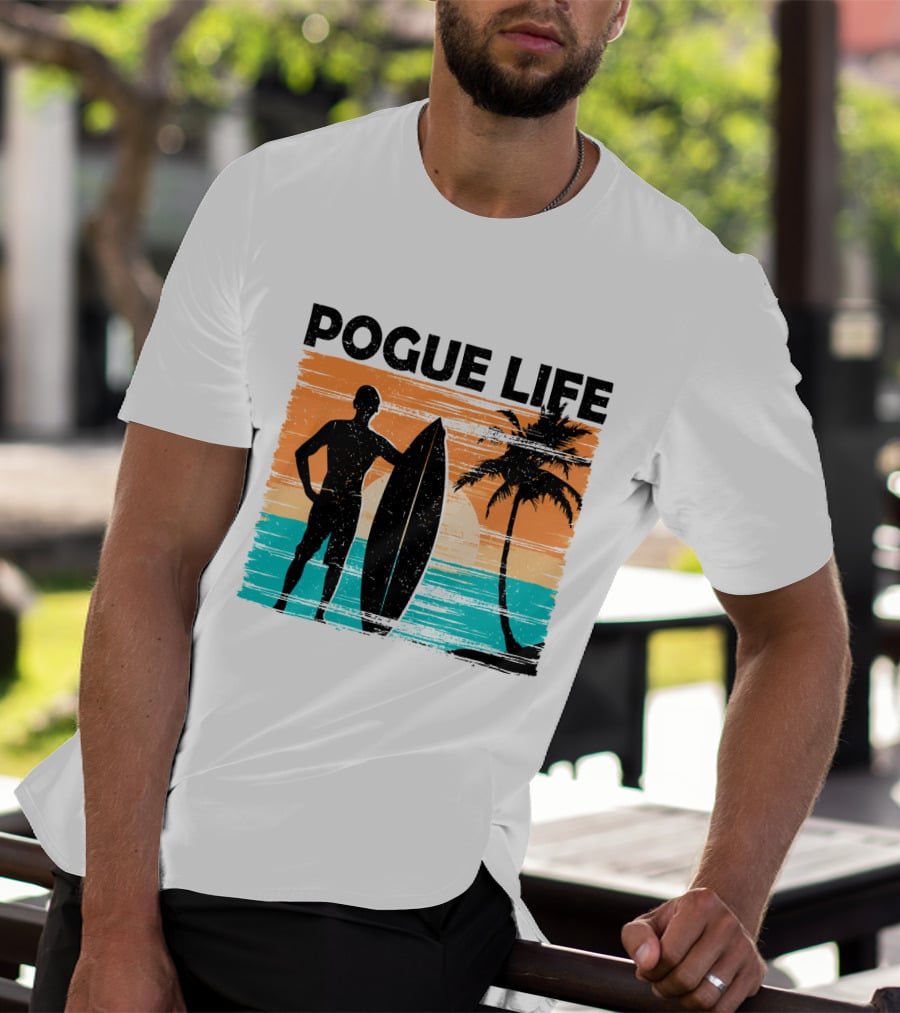 Pogue Life Outer Banks OBX Surf Silhouette Beach Sunset Palm Tree T-Shirt