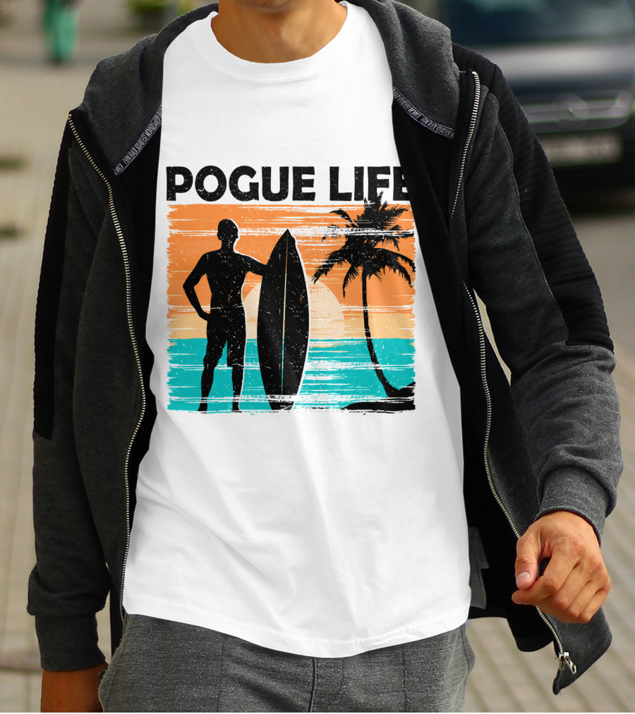Pogue Life Outer Banks OBX Surf Silhouette Beach Sunset Palm Tree T-Shirt