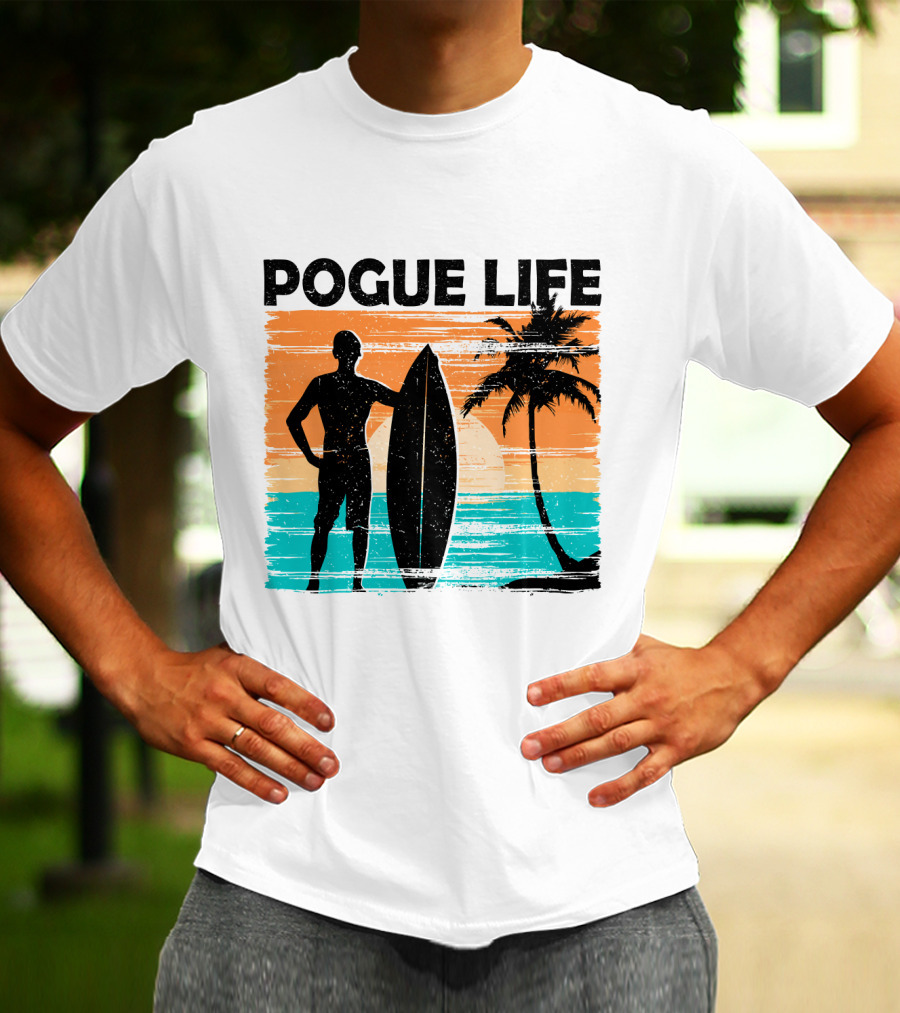 Pogue Life Outer Banks OBX Surf Silhouette Beach Sunset Palm Tree T-Shirt