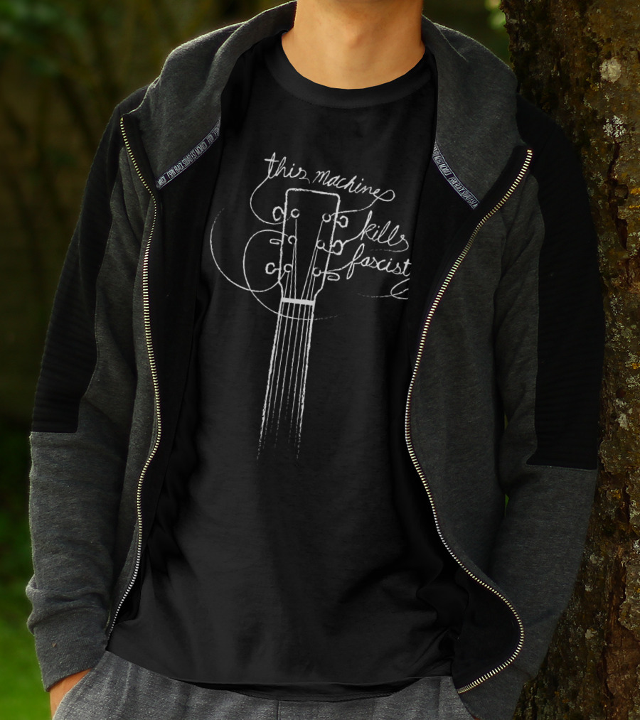 This Machine Kills Fascists Woody Guthrie Guitar Headstock T-Shirt