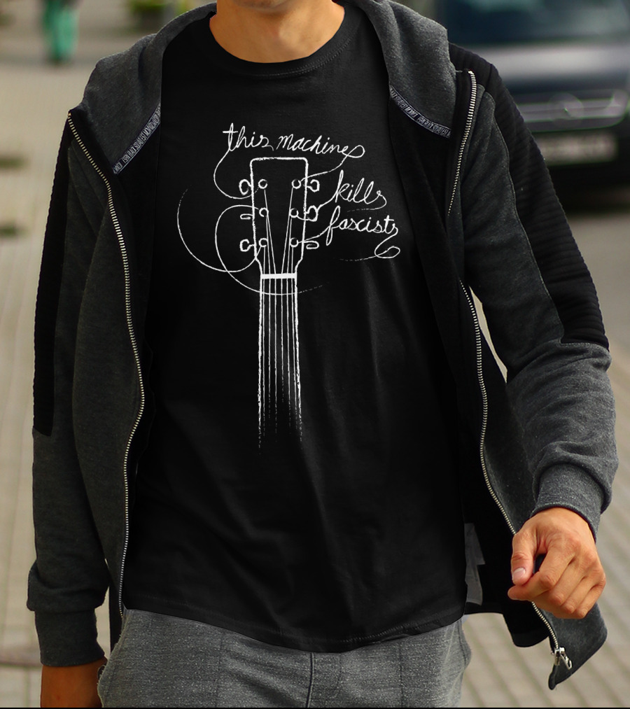 This Machine Kills Fascists Woody Guthrie Guitar Headstock T-Shirt