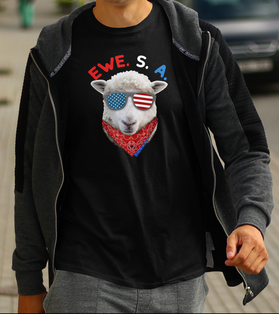 Ewe S A Sheep With USA Flag Sunglasses And Red Bandana T-Shirt