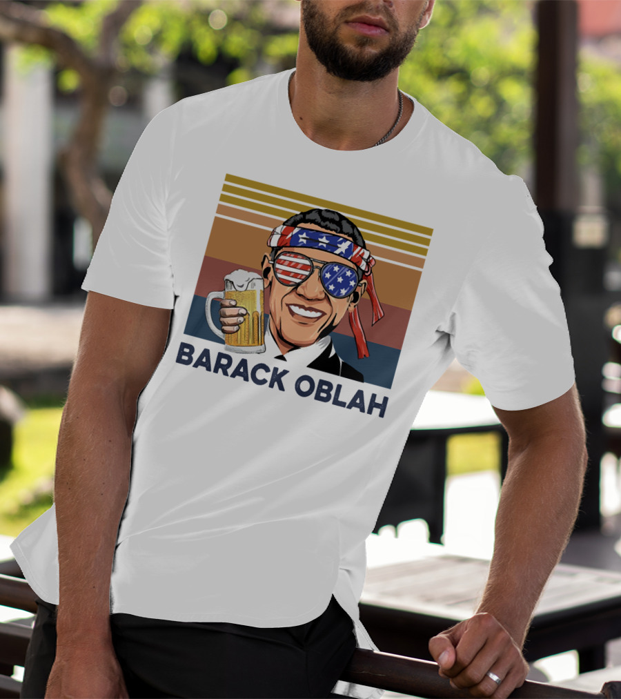 Barack Obama Oblah Drink Vintage USA Flag Headband And Stars Stripes Shades With Beer Mug T-Shirt