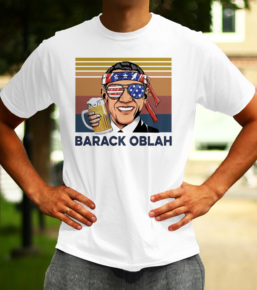Barack Obama Oblah Drink Vintage USA Flag Headband And Stars Stripes Shades With Beer Mug T-Shirt