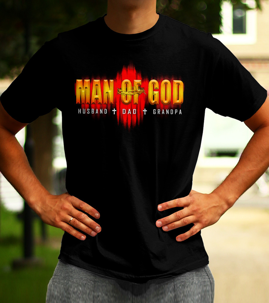 Man Of God Husband Dad Grandpa Cross Crown T-Shirt