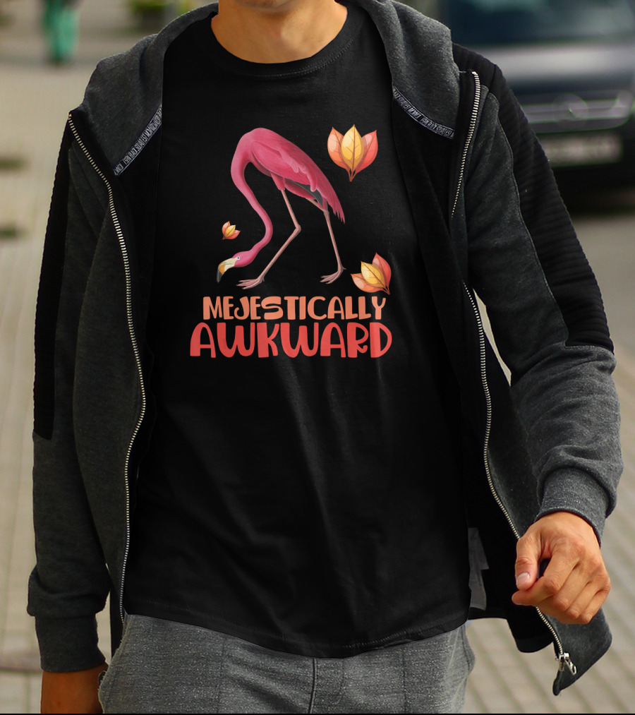 Majestically Awkward Flamingo With Colorful Leaves T-Shirt