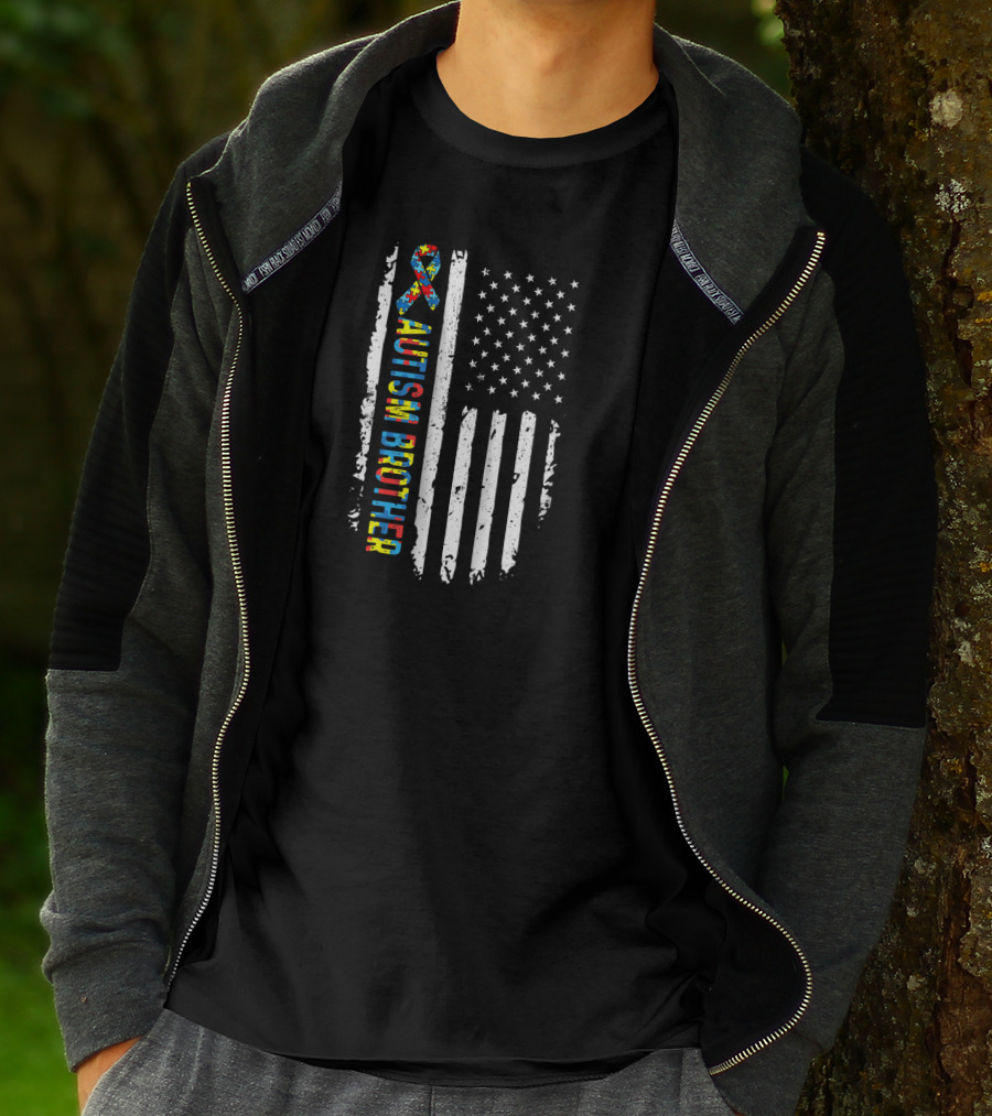 Autism Brother USA Flag Puzzle Ribbon Awareness T-Shirt