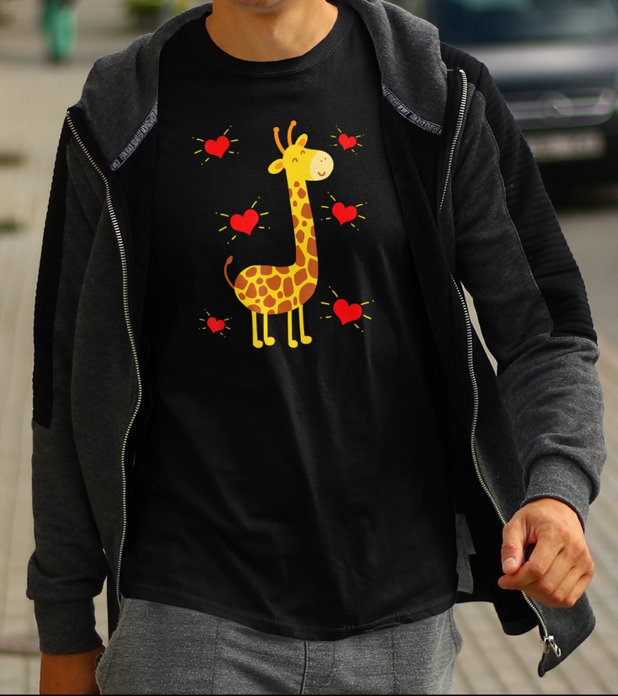 Giraffe Lover Heart Zookeeper With Cute Giraffe Surrounded By Red Hearts T-Shirt