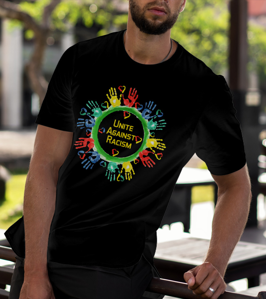 Unite Against Racism Colorful Handprints Circle With Hearts T-Shirt
