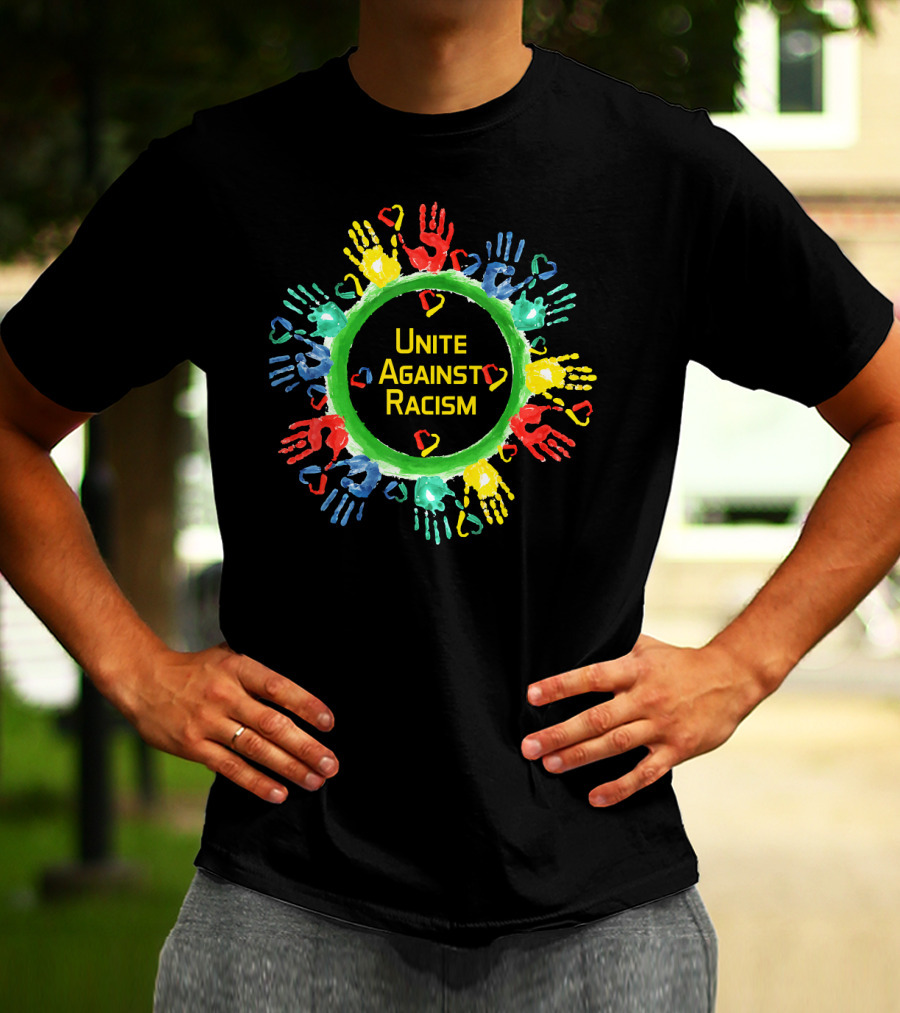 Unite Against Racism Colorful Handprints Circle With Hearts T-Shirt