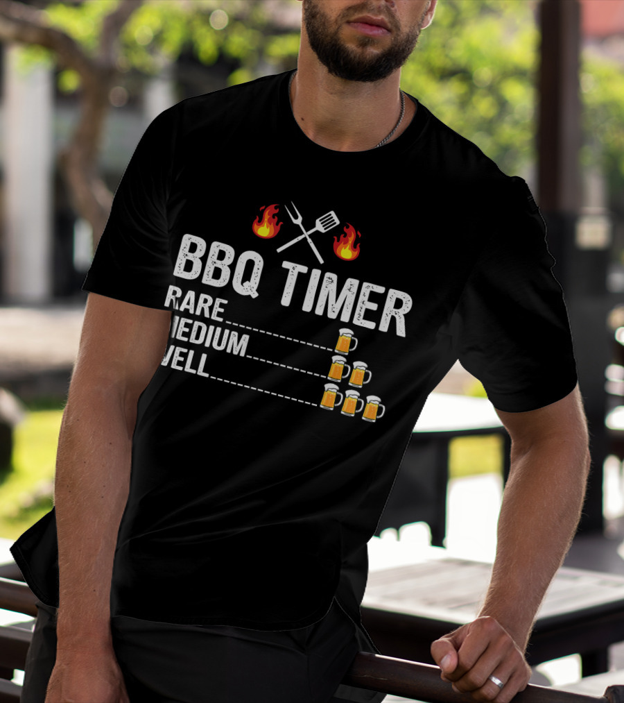 BBQ Timer Rare Medium Well Beer Flames Fork Spatula Mugs T-Shirt