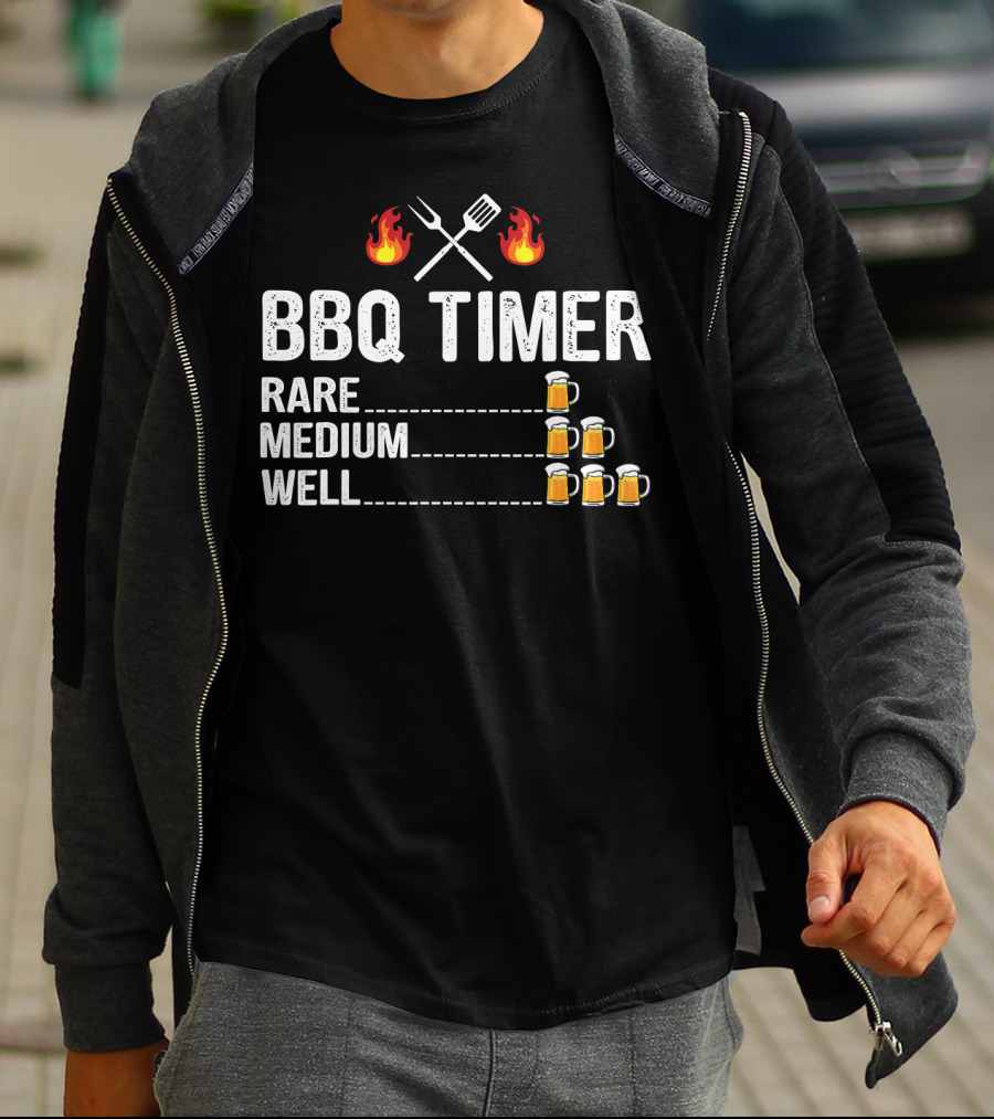 BBQ Timer Rare Medium Well Beer Flames Fork Spatula Mugs T-Shirt