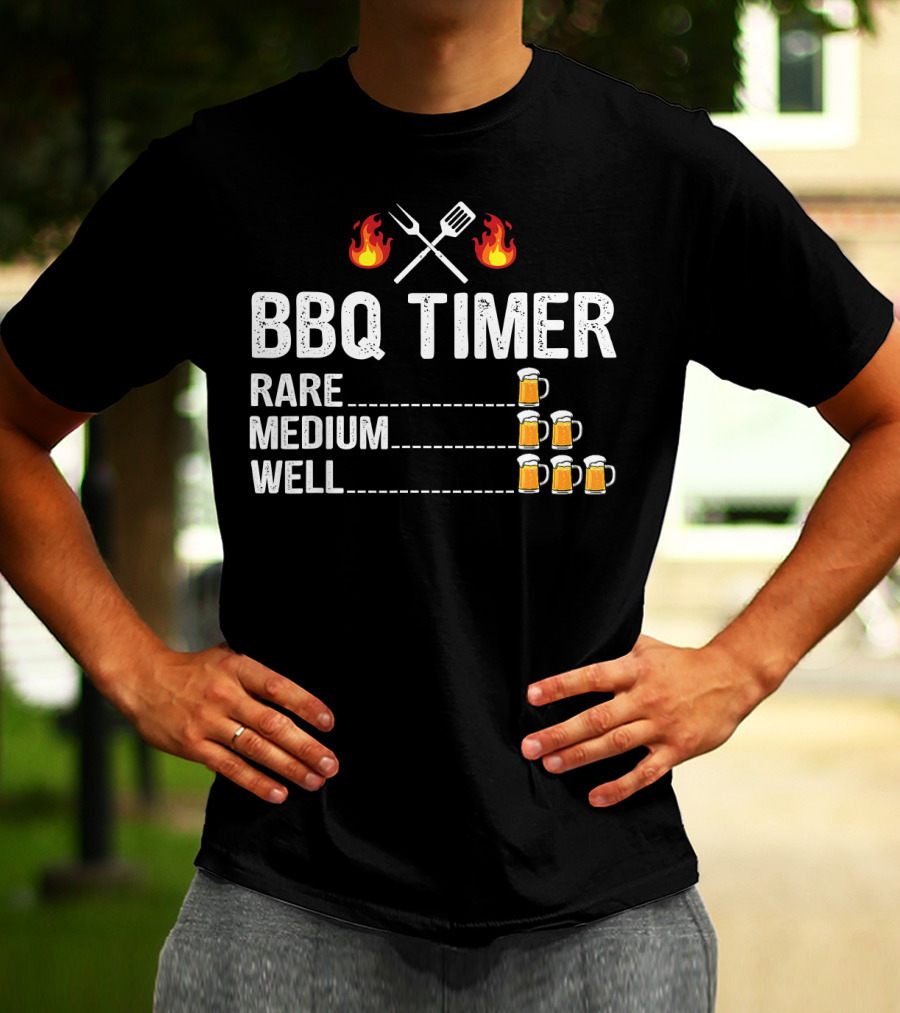 BBQ Timer Rare Medium Well Beer Flames Fork Spatula Mugs T-Shirt