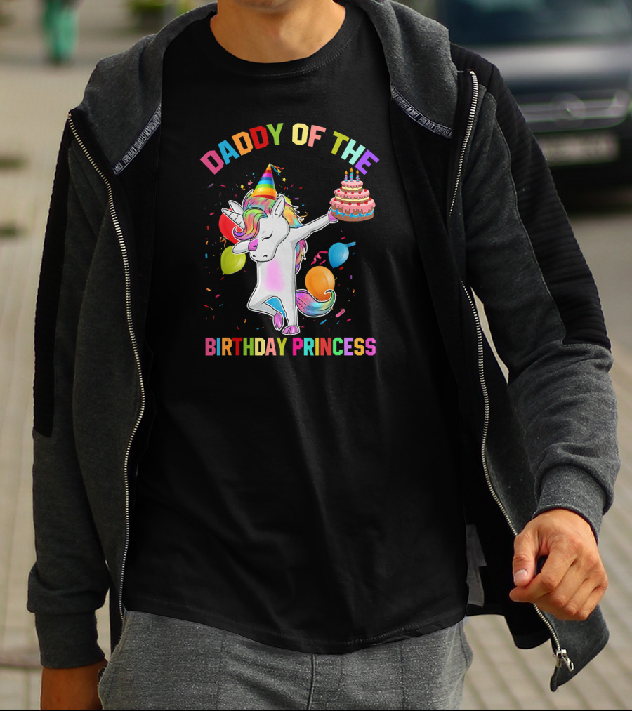 Daddy Of The Birthday Princess Unicorn Holding Cake With Party Hat And Confetti T-Shirt