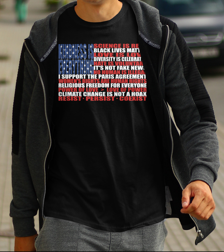 American Flag Protest Stand Kindness Love Science Diversity Climate Human Rights Resist Coexist T-Shirt